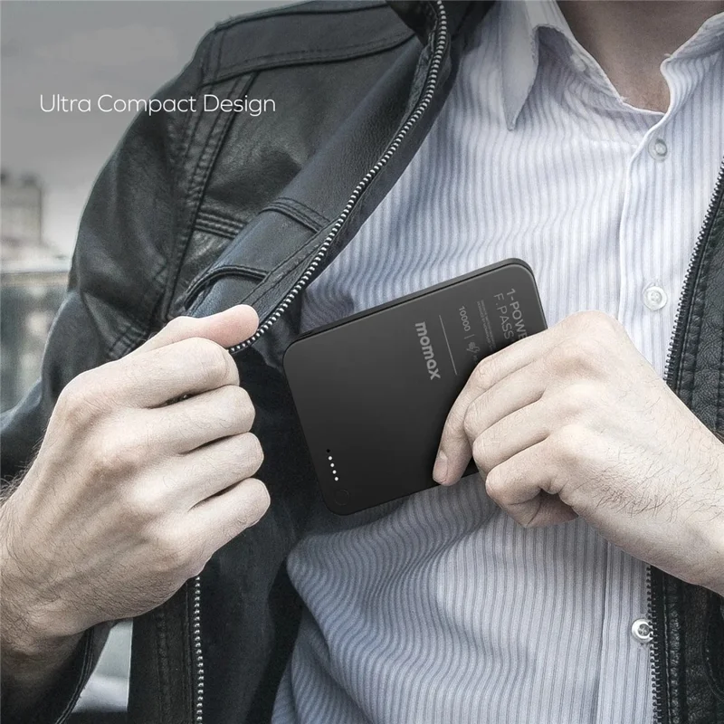 MOMAX 1-POWER F.PASS+ 10000mAh Magnetisches Powerbank mit verstecktem USB-C-Kabel Tragbares Schnellladegerät - Schwarz
