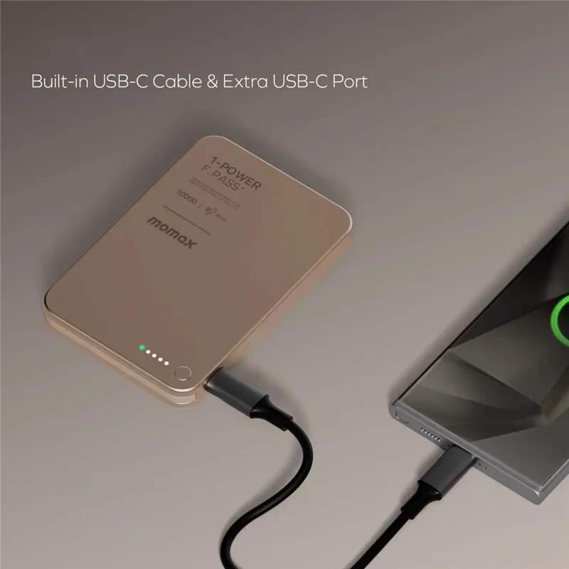 MOMAX 1-POWER F.PASS+ 10000mAh Magnetisches Powerbank mit verstecktem USB-C-Kabel Tragbares Schnellladegerät - Schwarz