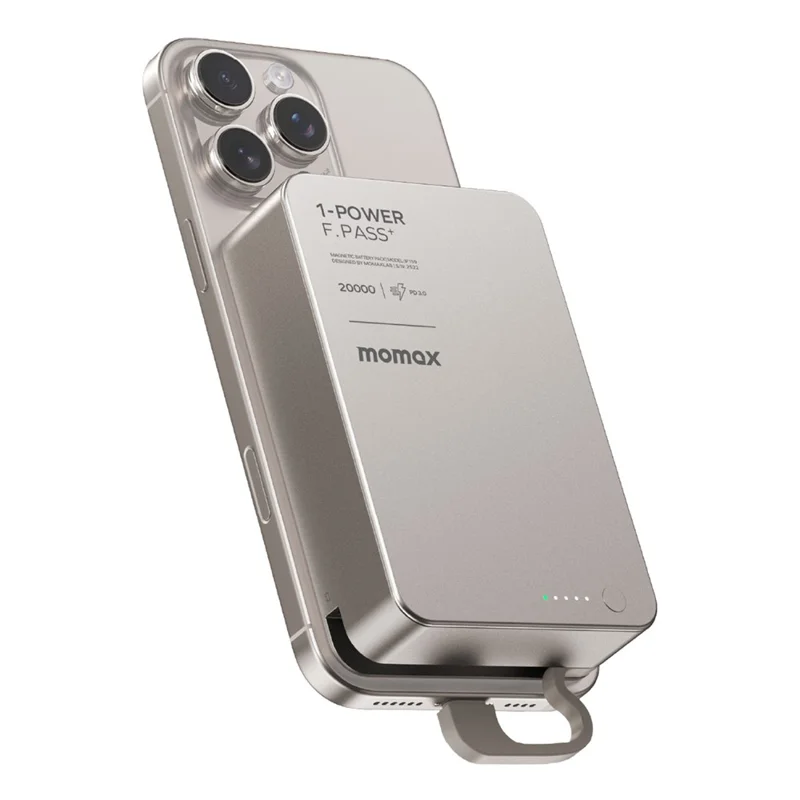 MOMAX 1-POWER F.PASS+ 20000mAh Magnetic Power Bank with Hidden USB-C Cable Portable Fast Charging Charger - Titanium Gold
