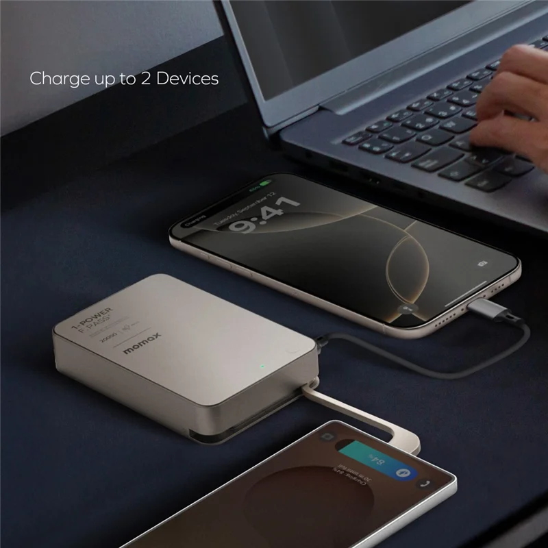 MOMAX 1-POWER F.PASS+ 20000mAh Magnetic Power Bank with Hidden USB-C Cable Portable Fast Charging Charger - Titanium Gold