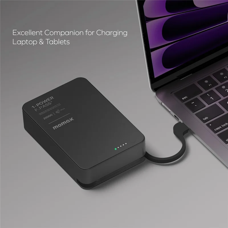 MOMAX 1-POWER F.PASS+ 20000mAh Magnetic Power Bank with Hidden USB-C Cable Portable Fast Charging Charger - Titanium Gold