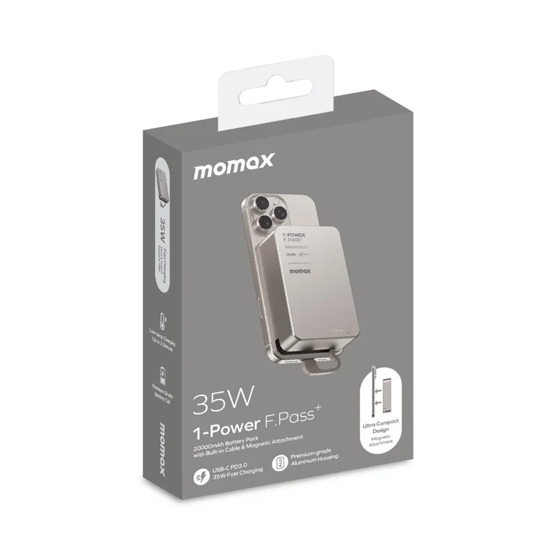 MOMAX 1-POWER F.PASS+ 20000mAh Magnetic Power Bank with Hidden USB-C Cable Portable Fast Charging Charger - Titanium Gold