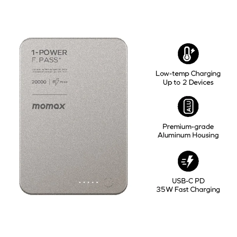 MOMAX 1-POWER F.PASS+ 20000mAh Magnetic Power Bank with Hidden USB-C Cable Portable Fast Charging Charger - Titanium Gold