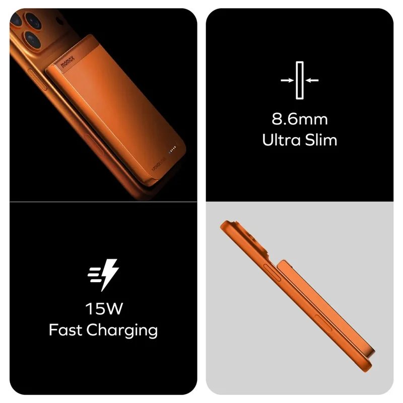 MOMAX 1-Power S.Pass 5000mAh Qi2 Magnetic Wireless Battery Pack Power Bank Portable Phone Charger - Orange