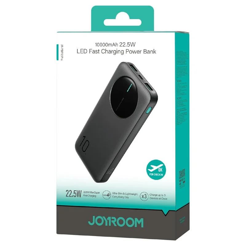 JOYROOM JR-PBF12 Pro 10000mAh Power Bank 22.5W Fast Charging Portable Charger Safety Protection with 3 Output Ports - Black