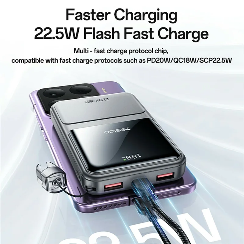 YESIDO YP95 22.5W 10000mAh Power Bank Digital Display Fast Charging Portable Charger with Type-C Lanyard