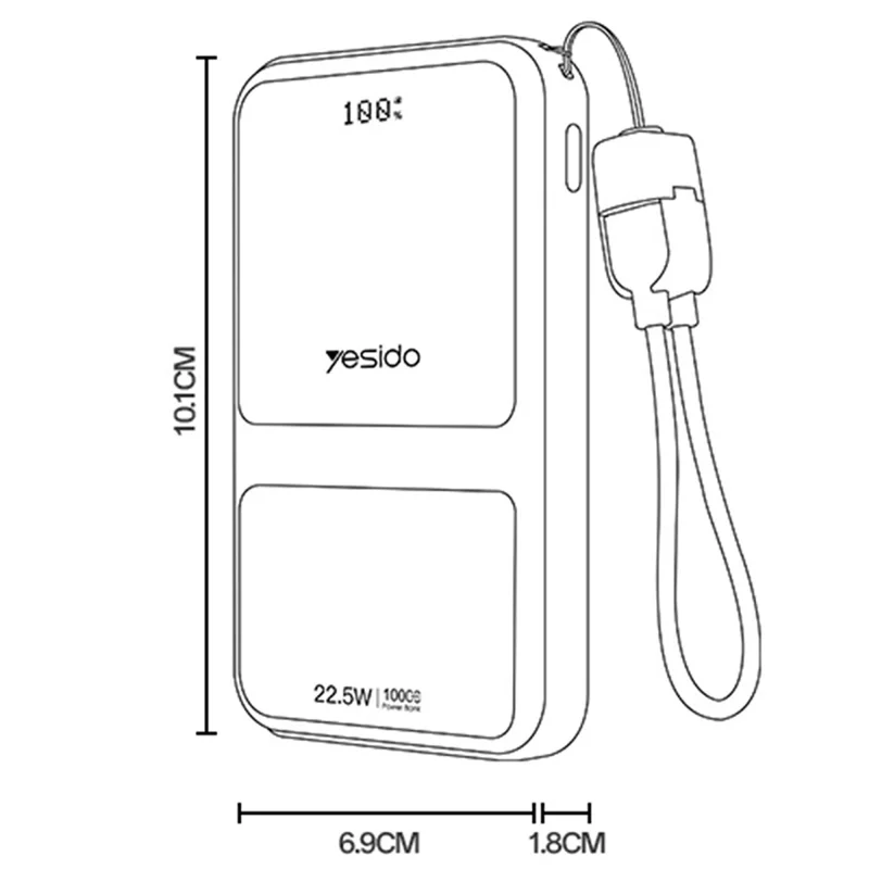 YESIDO YP95 22.5W 10000mAh Power Bank Digital Display Fast Charging Portable Charger with Type-C Lanyard