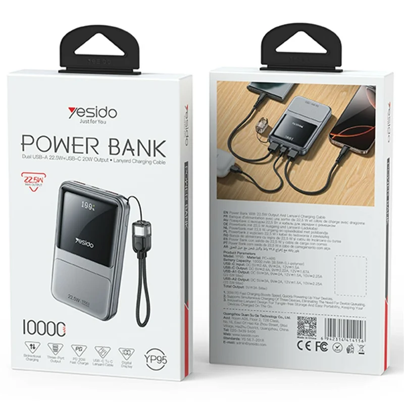YESIDO YP95 22.5W 10000mAh Power Bank Digital Display Fast Charging Portable Charger with Type-C Lanyard