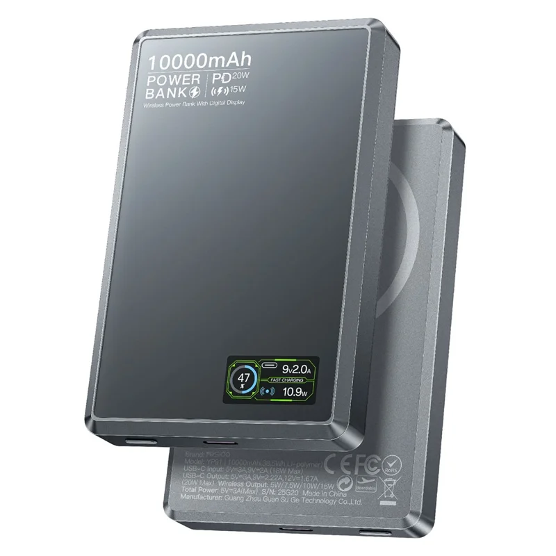 YESIDO YP91 10000mAh 20W PD Fast Charging Power Bank Magnetic Wireless Charger with Dynamic TFT Display
