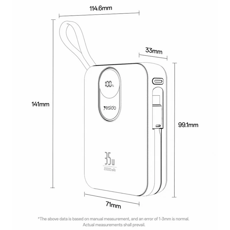 YESIDO YP94 20000mAh Digital Display Portable Charger 35W Fast Charging Power Bank Built-in Type-C + iP Cables