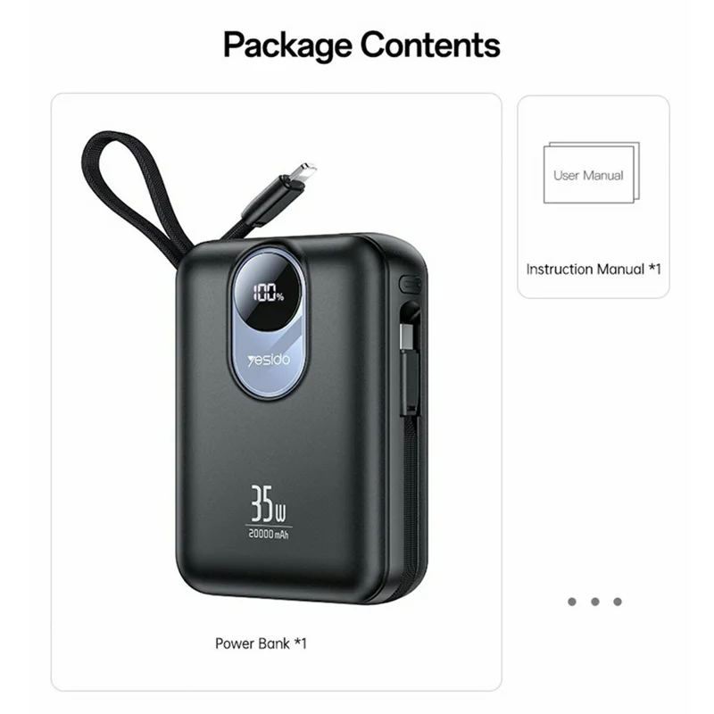 YESIDO YP94 20000mAh Digital Display Portable Charger 35W Fast Charging Power Bank Built-in Type-C + iP Cables