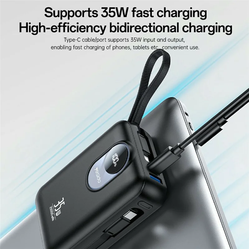 YESIDO YP94 20000mAh Digital Display Portable Charger 35W Fast Charging Power Bank Built-in Type-C + iP Cables