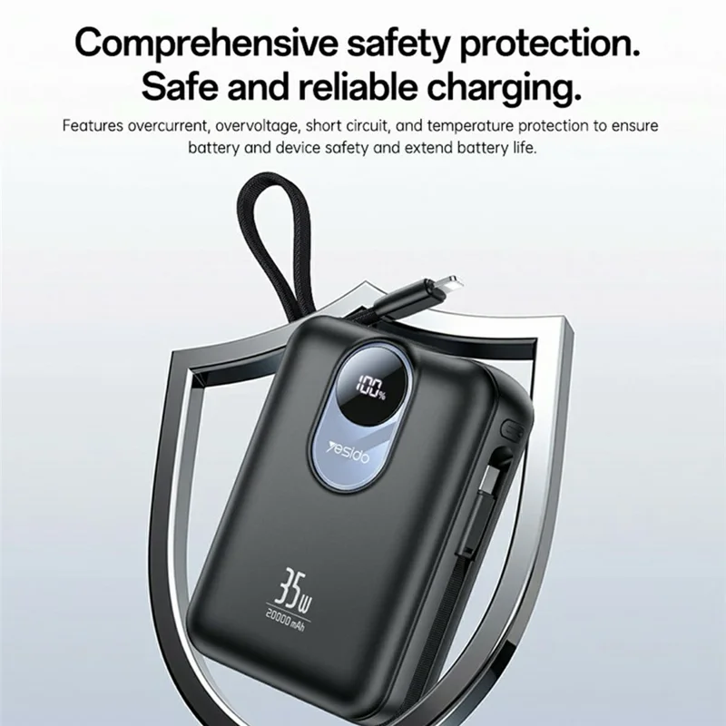 YESIDO YP94 20000mAh Digital Display Portable Charger 35W Fast Charging Power Bank Built-in Type-C + iP Cables