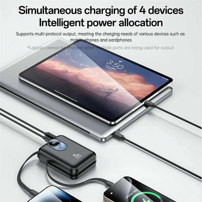 YESIDO YP94 20000mAh Digital Display Portable Charger 35W Fast Charging Power Bank Built-in Type-C + iP Cables