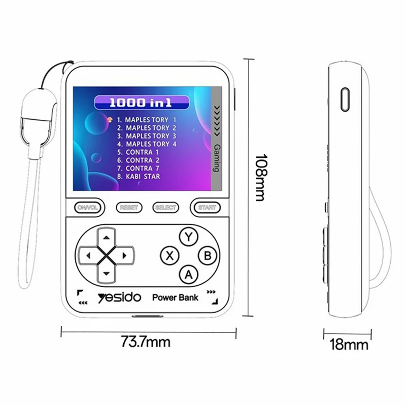 YESIDO YP87 2 in 1 2.8 Inch IPS Screen Game Console 10000mAh Power Bank with Type-C Lanyard