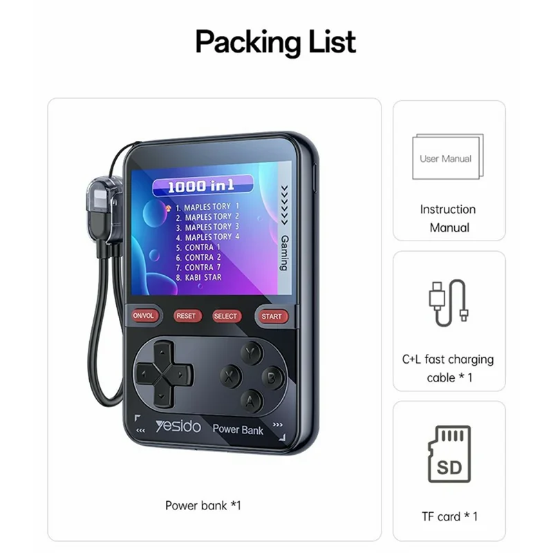 YESIDO YP87 2 in 1 2.8 Inch IPS Screen Game Console 10000mAh Power Bank with Type-C Lanyard