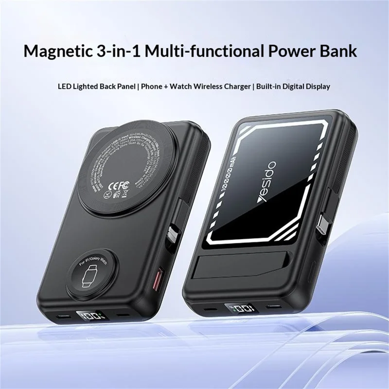 YESIDO YP79 10000mAh Digital Display Power Bank Built-in Cable Magnetic Wireless Charger for Phone / Smartwatch