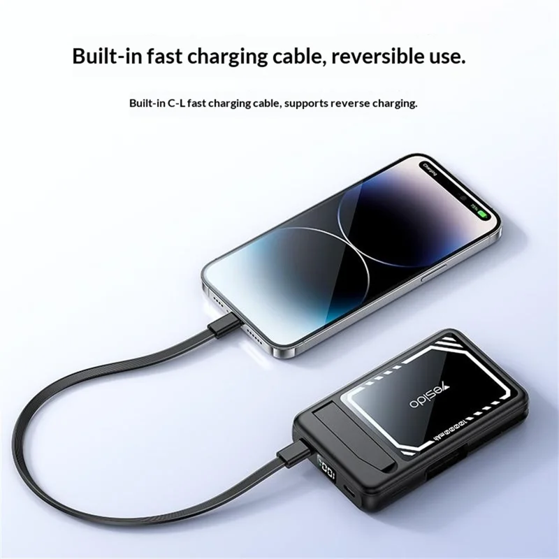 YESIDO YP79 10000mAh Digital Display Power Bank Built-in Cable Magnetic Wireless Charger for Phone / Smartwatch