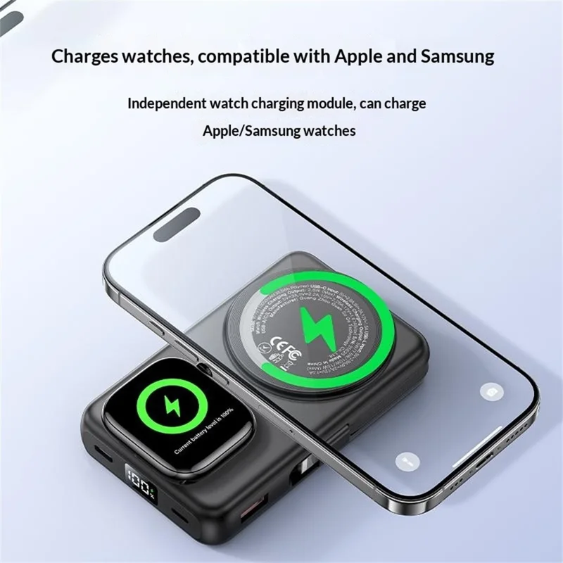 YESIDO YP79 10000mAh Digital Display Power Bank Built-in Cable Magnetic Wireless Charger for Phone / Smartwatch