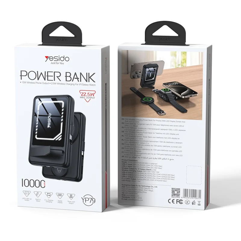 YESIDO YP79 10000mAh Digital Display Power Bank Built-in Cable Magnetic Wireless Charger for Phone / Smartwatch