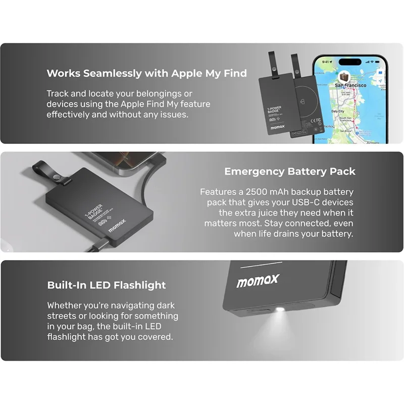 MOMAX 1-Power Badge+ Power Bank Wireless Tracker 2510mAh Smart Locator with Flashlight - Black
