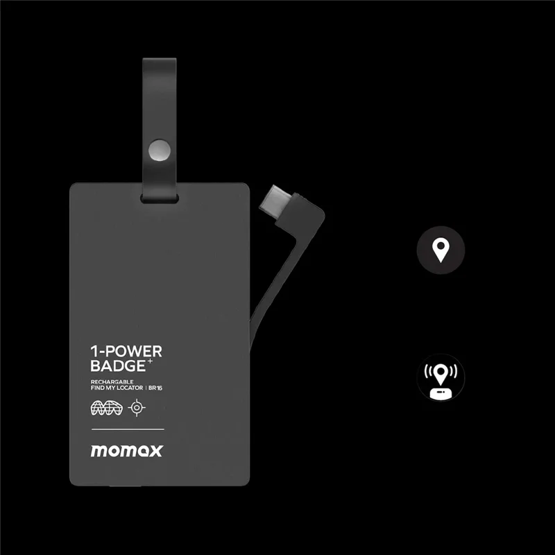 MOMAX 1-Power Badge+ Power Bank Wireless Tracker 2510mAh Smart Locator with Flashlight - Black
