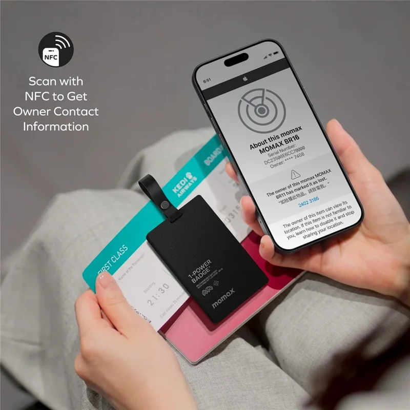 MOMAX 1-Power Badge+ Power Bank Wireless Tracker 2510mAh Smart Locator with Flashlight - Black