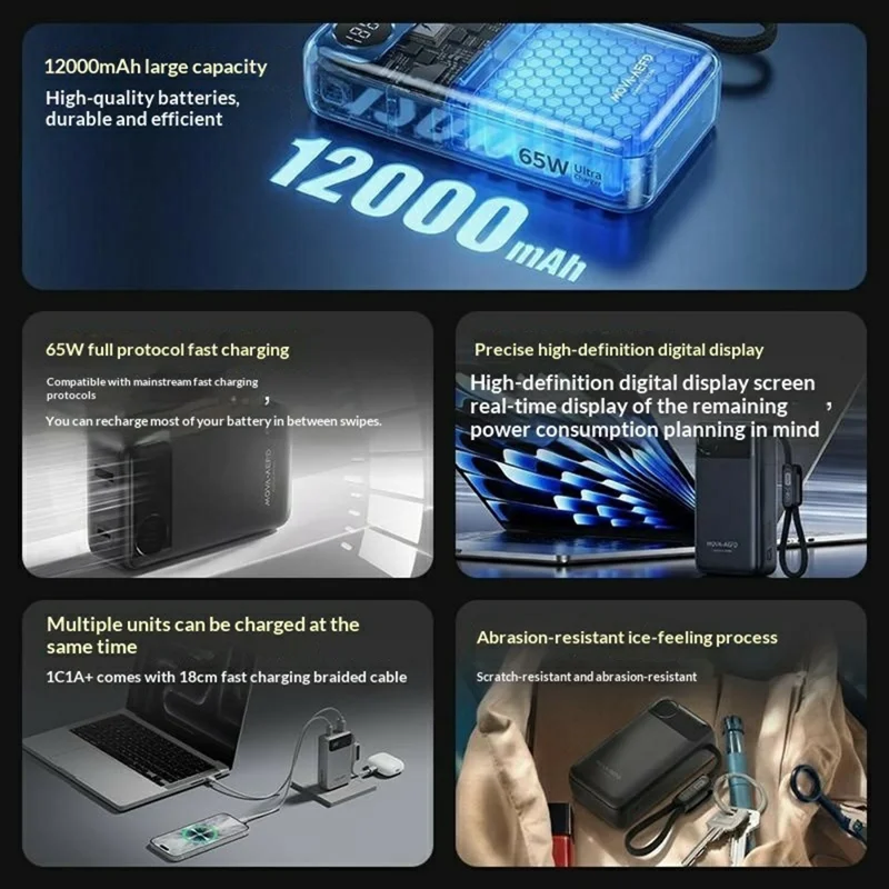 Bulk Purchasing MOVA-AEFD A2008 65W 12000mAh Power Bank HD Digital Display Portable Charger - Black