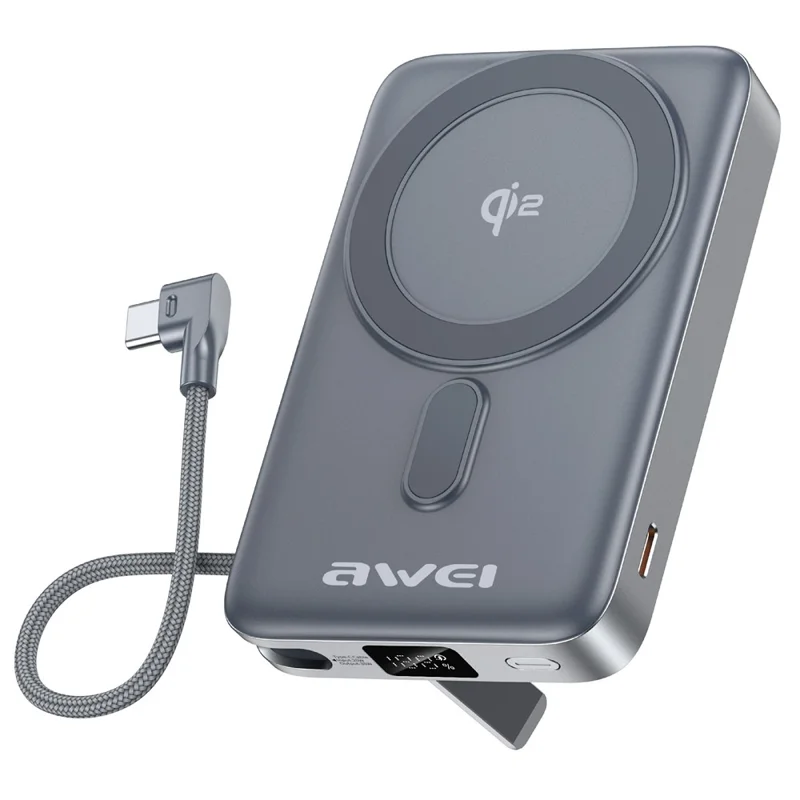 AWEI WS-T188LP Magnetic Power Bank 10000mAh Wireless Charging Portable Charger with Built-in Cable Stand - Grey