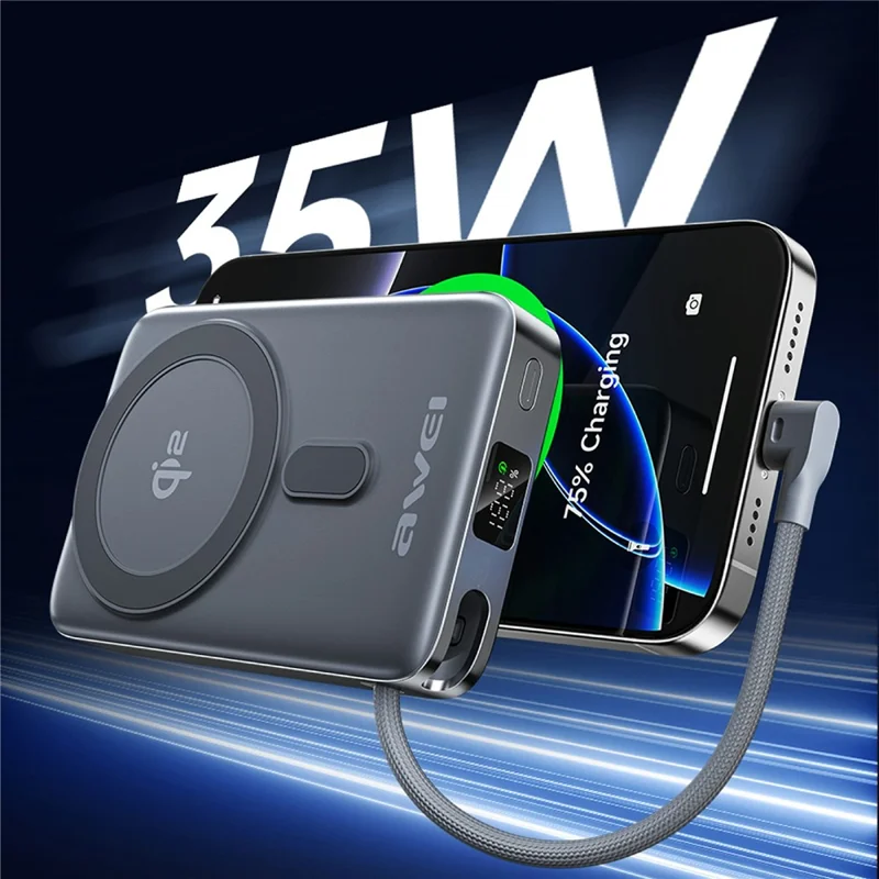 AWEI WS-T188LP Magnetic Power Bank 10000mAh Wireless Charging Portable Charger with Built-in Cable Stand - Grey