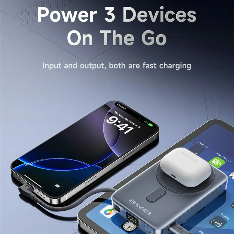 AWEI WS-T188LP Magnetic Power Bank 10000mAh Wireless Charging Portable Charger with Built-in Cable Stand - Grey