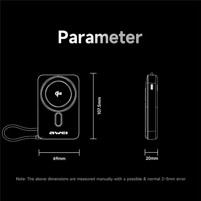 AWEI WS-T188LP Magnetic Power Bank 10000mAh Wireless Charging Portable Charger with Built-in Cable Stand - Grey