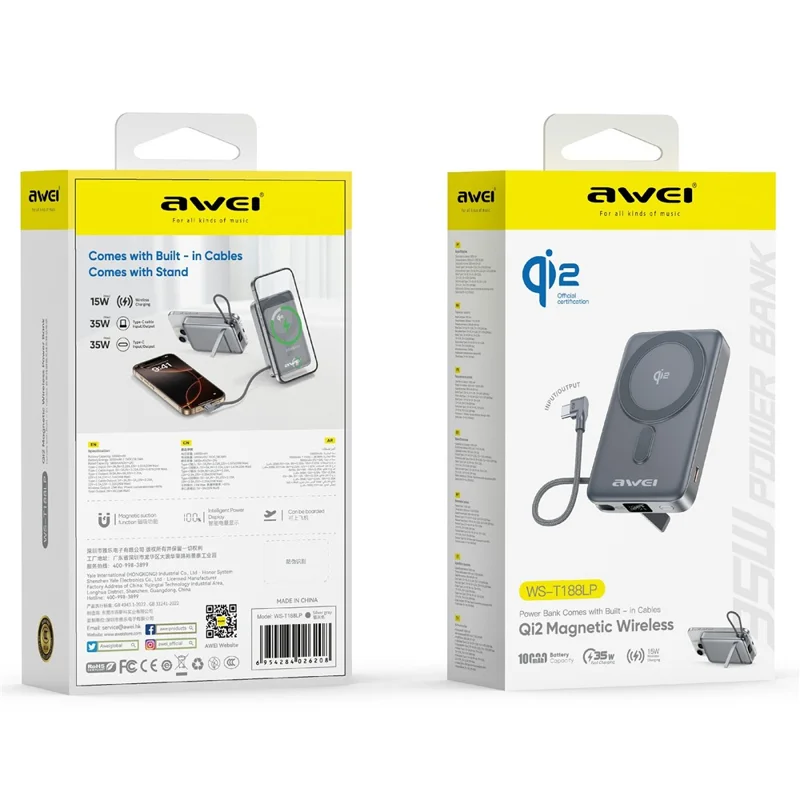 AWEI WS-T188LP Magnetic Power Bank 10000mAh Wireless Charging Portable Charger with Built-in Cable Stand - Grey