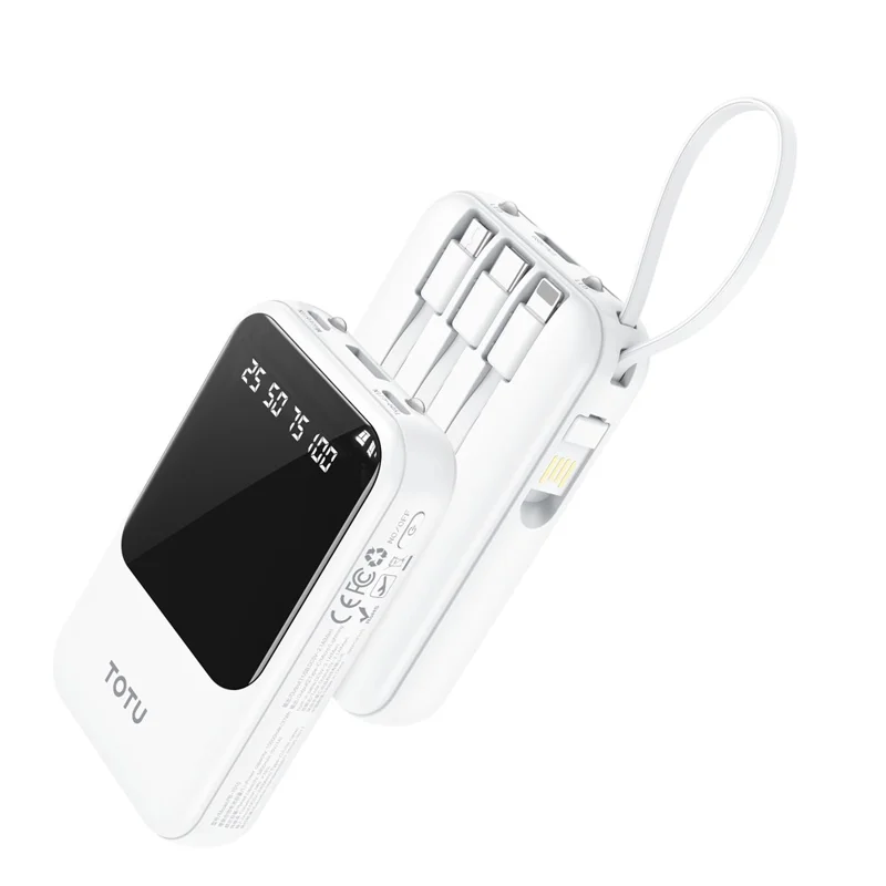 TOTU PB-1010 Banco de Energía con Pantalla LCD 10000mAh Cargador Portátil con Cables Integrados Micro / Type-C / iP / USB-A - Blanco