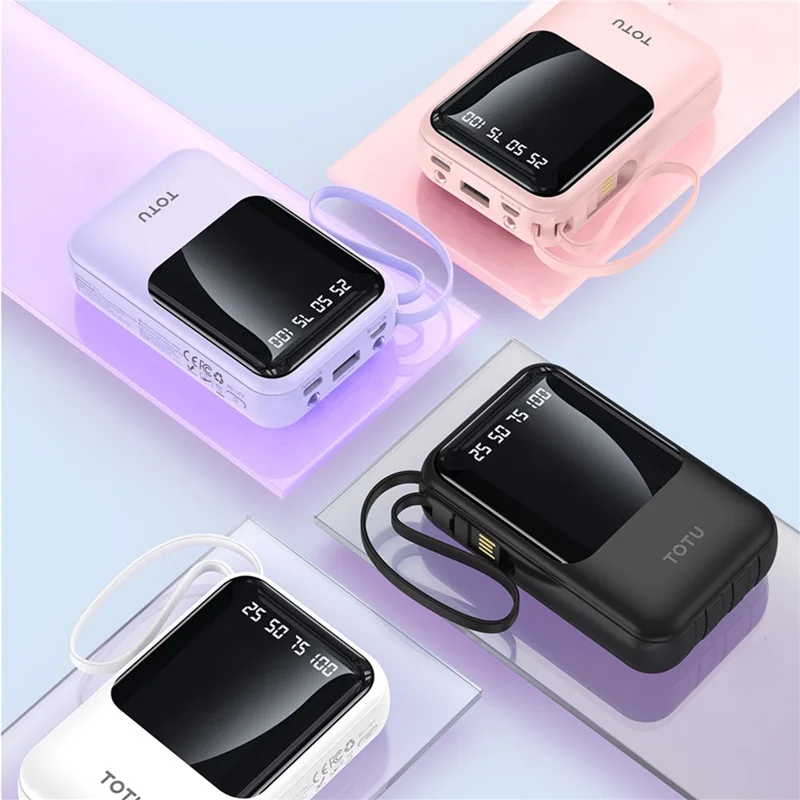TOTU PB-1010 Banco de Energía con Pantalla LCD 10000mAh Cargador Portátil con Cables Integrados Micro / Type-C / iP / USB-A - Blanco