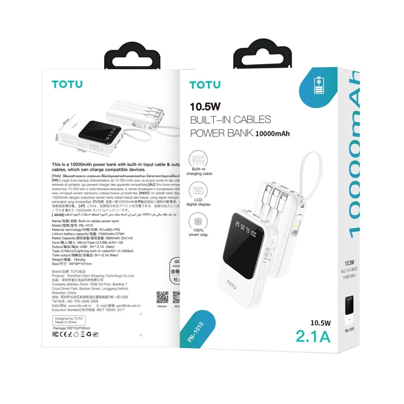 TOTU PB-1010 Banco de Energía con Pantalla LCD 10000mAh Cargador Portátil con Cables Integrados Micro / Type-C / iP / USB-A - Blanco