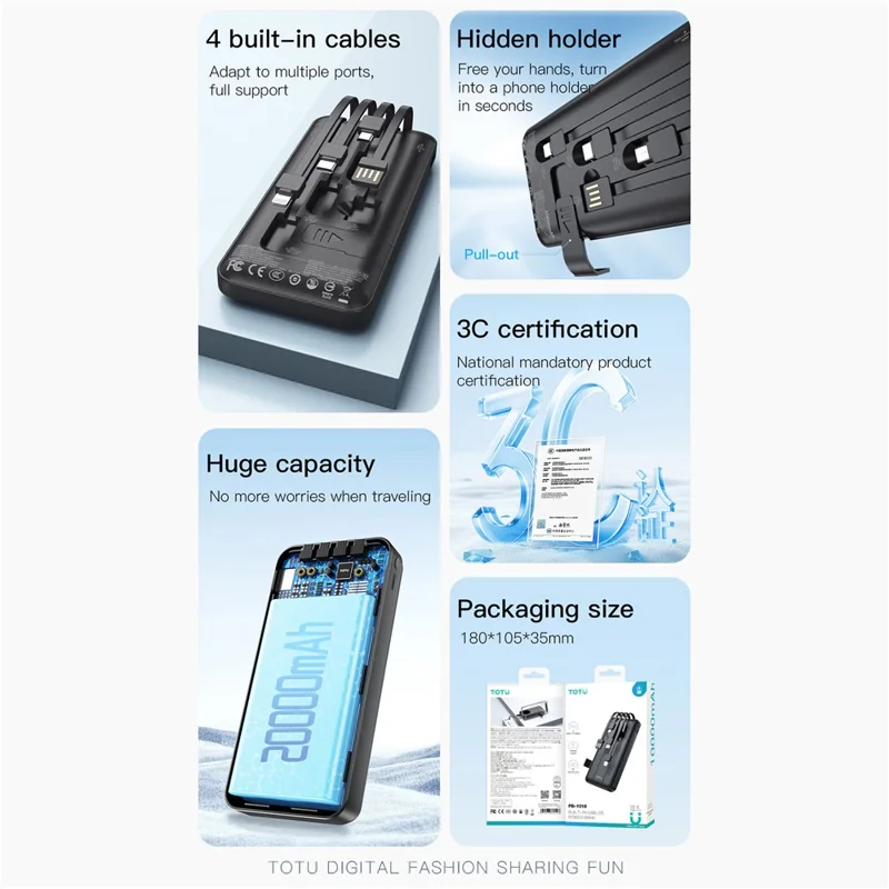 TOTU PB-1017 20000mAh Power Bank Built-in USB / Micro / Type-C / iP Cables Portable Charger with Phone Stand - Black