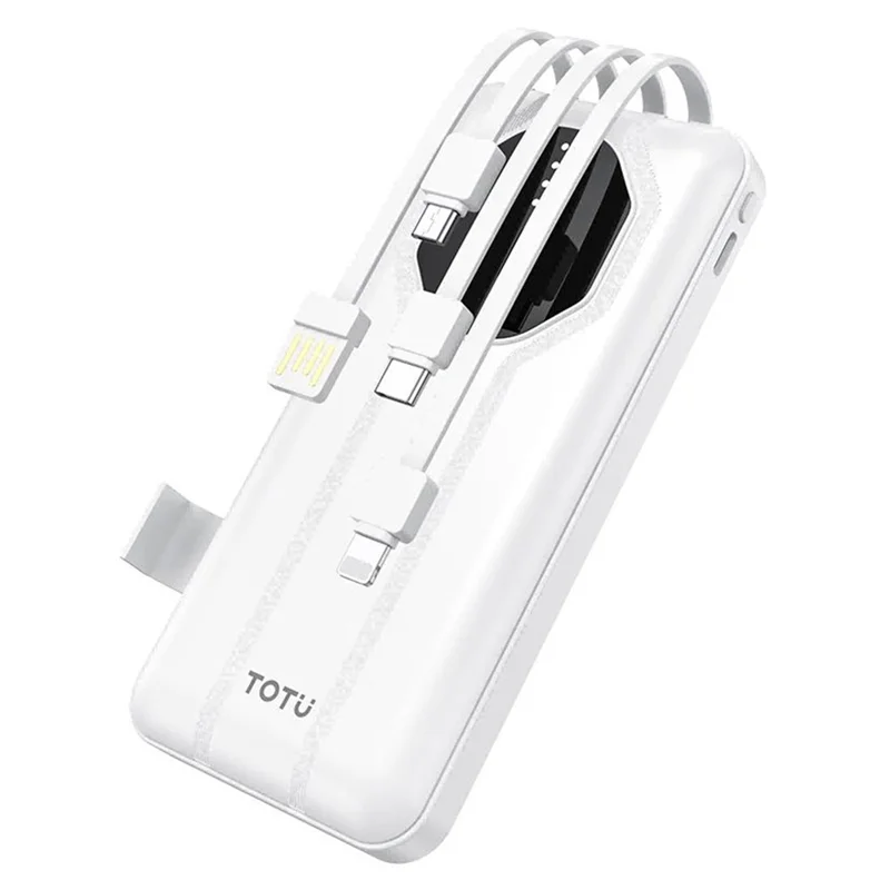 TOTU PB-1016 10000mAh Power Bank Built-in USB / Micro / Type-C / iP Cables Portable Charger with Phone Stand - White