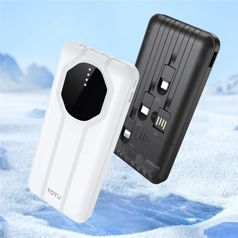 TOTU PB-1016 10000mAh Power Bank Built-in USB / Micro / Type-C / iP Cables Portable Charger with Phone Stand - White