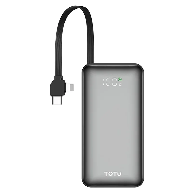 TOTU PB-1020 10000mAh Mini Power Bank con cable integrado Tipo-C + iP, batería de carga rápida 22.5W - Gris