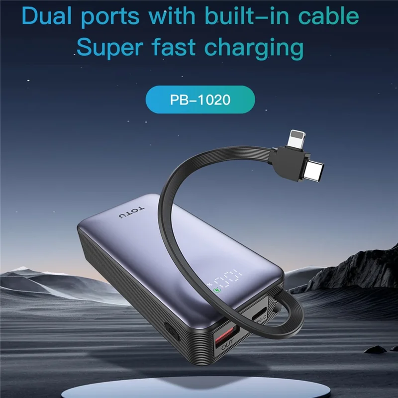 TOTU PB-1020 10000mAh Mini Power Bank con cable integrado Tipo-C + iP, batería de carga rápida 22.5W - Gris