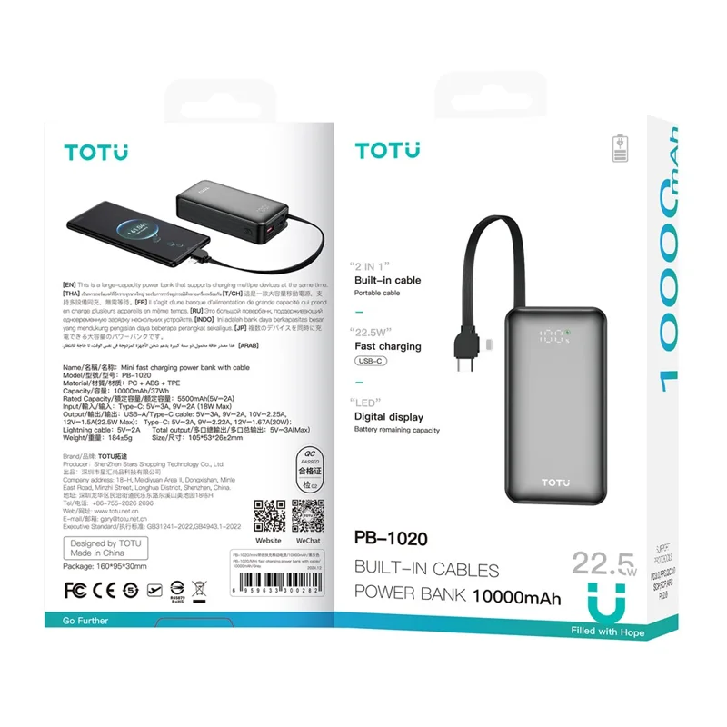 TOTU PB-1020 10000mAh Mini Power Bank con cable integrado Tipo-C + iP, batería de carga rápida 22.5W - Gris