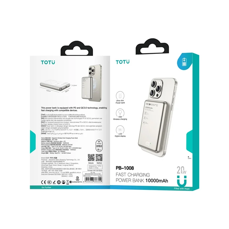 TOTU PB-1008 10000mAh Banco de Energía con Carga Inalámbrica Magnética Rápida - Natural