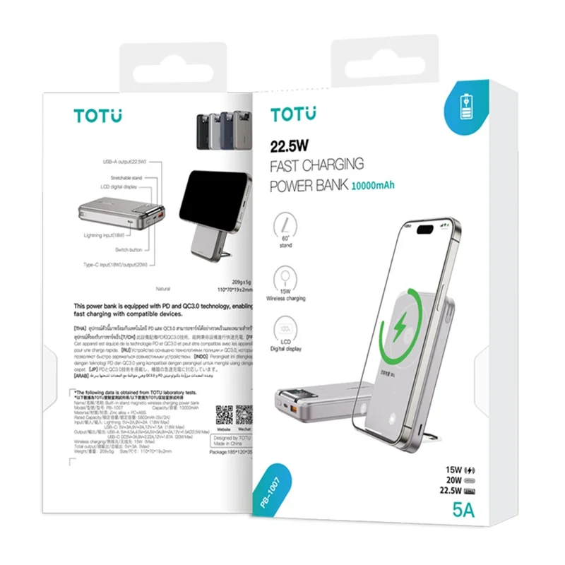 TOTU PB-1007 10000mAh Banco de Energía con Carga Inalámbrica Magnética, Pantalla Digital y Soporte - Natural
