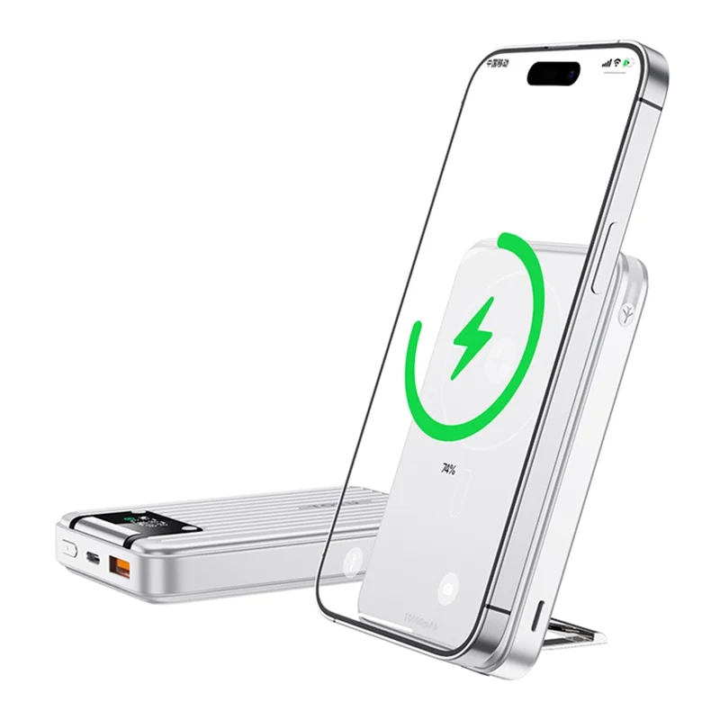 TOTU PB-1007 10000mAh Magnetic Wireless Charging Power Bank Digital Display Charger with Stand - Sliver