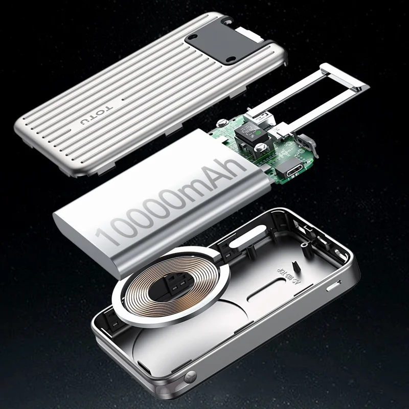 TOTU PB-1007 10000mAh Magnetic Wireless Charging Power Bank Digital Display Charger with Stand - Sliver