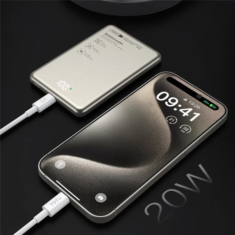 TOTU PB-0501 5000mAh Banco de Energía con Carga Rápida Magnética, Cargador Inalámbrico Ultrafino - Natural