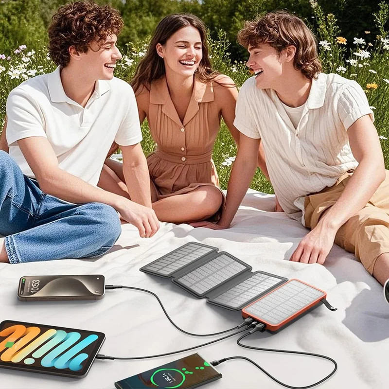 25000mAh Solar Power Bank QC3.0 Fast Charging Outdoor Emergency 4-Panel Foldable Portable Charger Built-in LED Flashlight