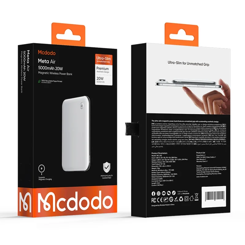 MCDODO MC-293 Meta Air 5000 мА·ч магнитное беспроводное портативное зарядное устройство, 20 Вт, USB-C, быстрая зарядка, белый цвет