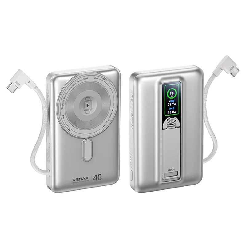 REMAX FP-52 10000mAh Power Bank Phone Stand PD 40W TFT Digital Display Charger, 15W Wireless Charging, Built-in Type-C Cable - Silver